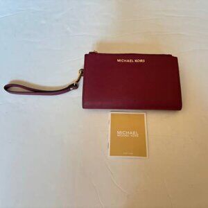 NEW! Michael Kors Jet Set Travel Double-Zip Wristlet Burgundy Red Leather